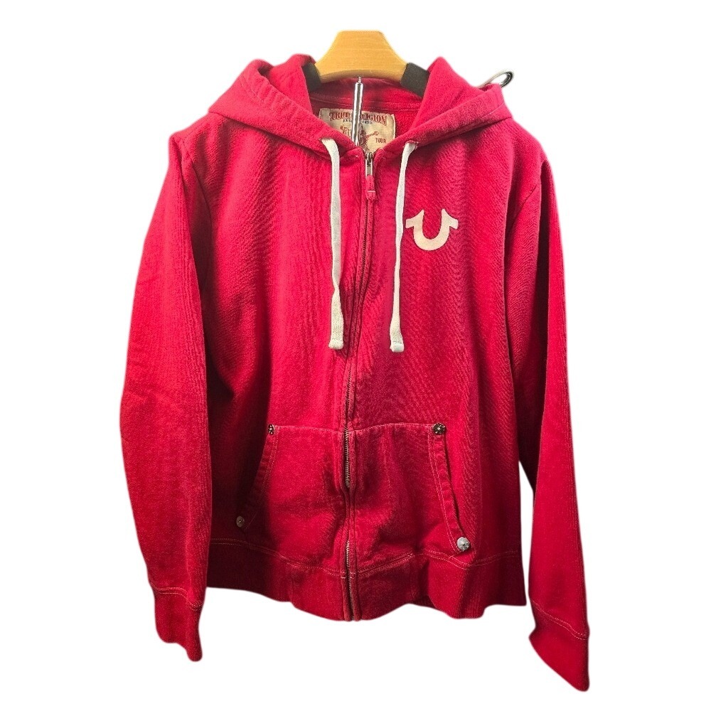 True Religion Mens Red World Tour Buddha Zip Up Hoodie Horseshoe Logo Sweatshirt